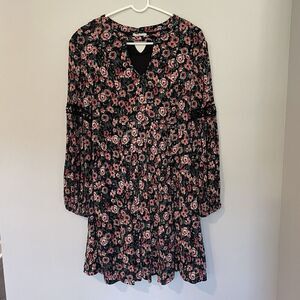 Nina Leonard Floral Boho Round Neck Long Sleeve Knee Length Dress Sz S Festival‎